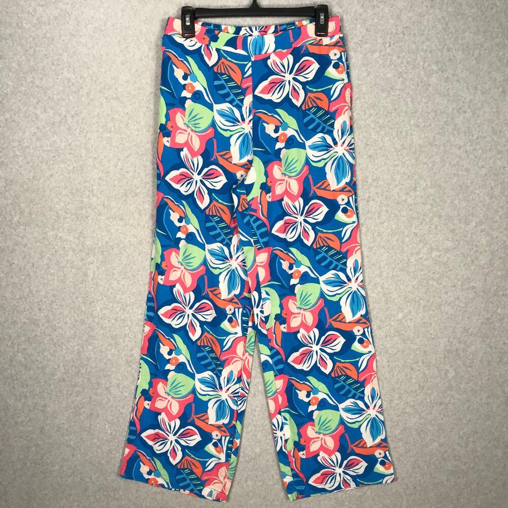Sincerely Jules Linen Wide Leg Pants Medium Coral Green Pockets Tropical Resort